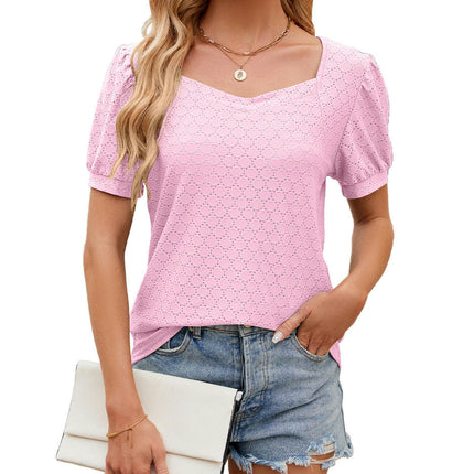 Women's Casual Short Sleeve T Shirts Square Neck Puff Sleeve Tunic Tops Loose Tee