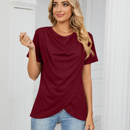 Women's Short Sleeve Round Neck T Shirt Twist Tunic Tops Casual Loose Blouses