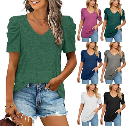 Women's V Neck Summer Tops Puff Short Sleeve T Shirts Loose Tunics Blouses