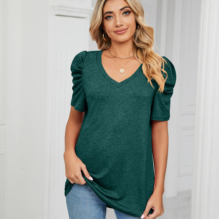 Women's V Neck Summer Tops Puff Short Sleeve T Shirts Loose Tunics Blouses