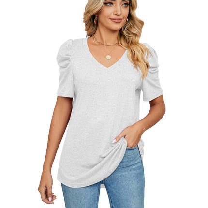 Women's V Neck Summer Tops Puff Short Sleeve T Shirts Loose Tunics Blouses