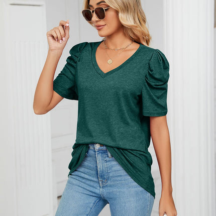 Women's V Neck Summer Tops Puff Short Sleeve T Shirts Loose Tunics Blouses