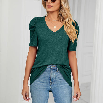 Women's V Neck Summer Tops Puff Short Sleeve T Shirts Loose Tunics Blouses