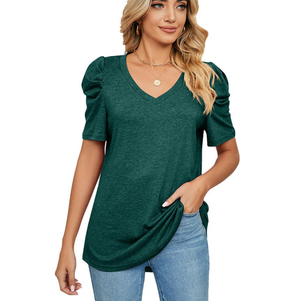 Women's V Neck Summer Tops Puff Short Sleeve T Shirts Loose Tunics Blouses