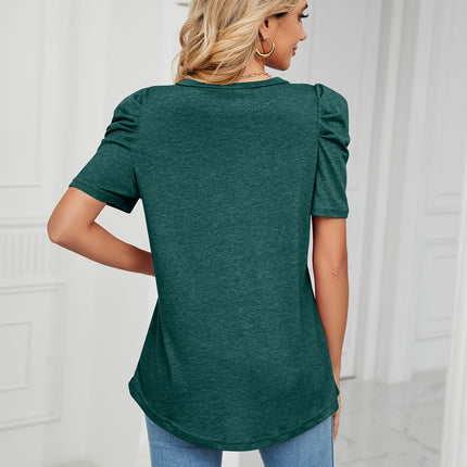 Women's V Neck Summer Tops Puff Short Sleeve T Shirts Loose Tunics Blouses