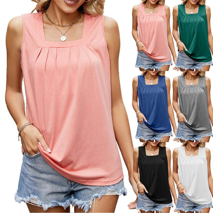 Summer Square Neck Sleeveless Tops Loose Pleated Tunic Tank Tops for Women