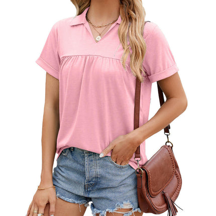 Short Sleeve Blouses for Women Casual V Neck Collared Shirts Pleated Tunic Tops