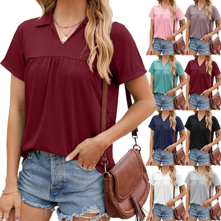 Short Sleeve Blouses for Women Casual V Neck Collared Shirts Pleated Tunic Tops