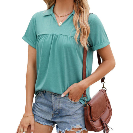 Short Sleeve Blouses for Women Casual V Neck Collared Shirts Pleated Tunic Tops