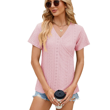 Women's T-Shirt V Neck Summer Eyelet Short Sleeve Casual Tops