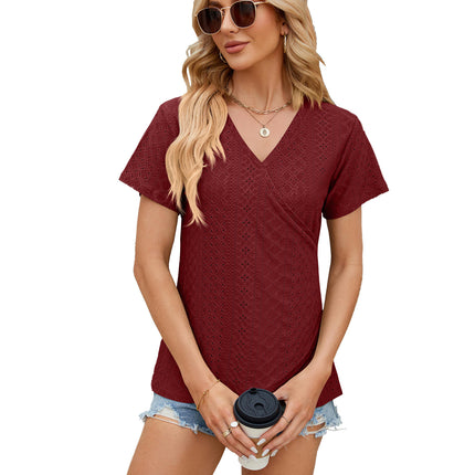 Women's T-Shirt V Neck Summer Eyelet Short Sleeve Casual Tops