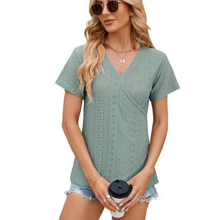 Women's T-Shirt V Neck Summer Eyelet Short Sleeve Casual Tops