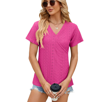 Women's T-Shirt V Neck Summer Eyelet Short Sleeve Casual Tops