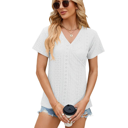 Women's T-Shirt V Neck Summer Eyelet Short Sleeve Casual Tops