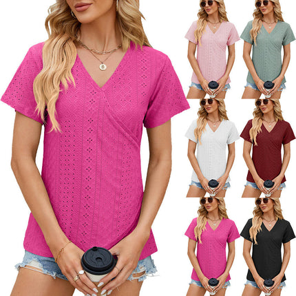 Women's T-Shirt V Neck Summer Eyelet Short Sleeve Casual Tops