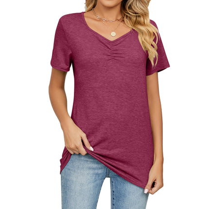 Women Short Sleeve T-Shirts Tops Casual V Neck Pleated Tunic Blouse