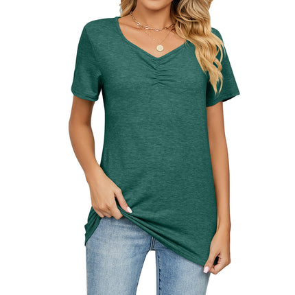 Women Short Sleeve T-Shirts Tops Casual V Neck Pleated Tunic Blouse