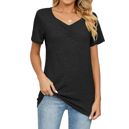 Women Short Sleeve T-Shirts Tops Casual V Neck Pleated Tunic Blouse