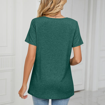 Women Short Sleeve T-Shirts Tops Casual V Neck Pleated Tunic Blouse