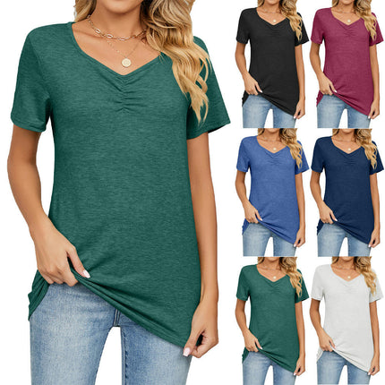 Women Short Sleeve T-Shirts Tops Casual V Neck Pleated Tunic Blouse