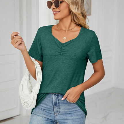 Women Short Sleeve T-Shirts Tops Casual V Neck Pleated Tunic Blouse