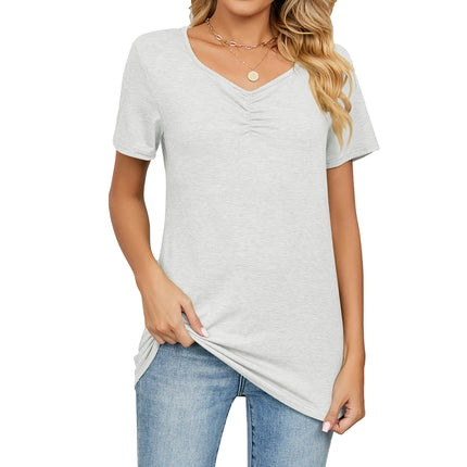 Women Short Sleeve T-Shirts Tops Casual V Neck Pleated Tunic Blouse