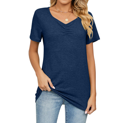 Women Short Sleeve T-Shirts Tops Casual V Neck Pleated Tunic Blouse