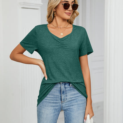 Women Short Sleeve T-Shirts Tops Casual V Neck Pleated Tunic Blouse