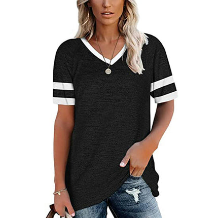 Women's Color Block Short Sleeve T Shirts Casual V Neck Summer Tops Loose Blouses