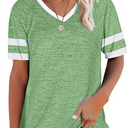 Women's Color Block Short Sleeve T Shirts Casual V Neck Summer Tops Loose Blouses