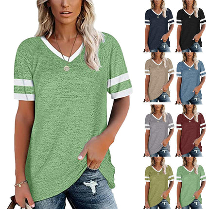 Women's Color Block Short Sleeve T Shirts Casual V Neck Summer Tops Loose Blouses