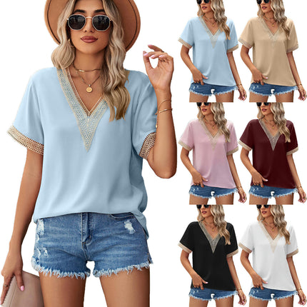 Women's Short Sleeve Summer Tops Lace Trim V Neck Blouses Tops Casual Shirts