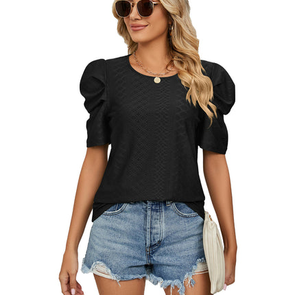 Women's Puff Short Sleeve Loose Crew Neck Eyelet Shirts Tops