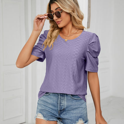 Women's Puff Short Sleeve Loose Crew Neck Eyelet Shirts Tops