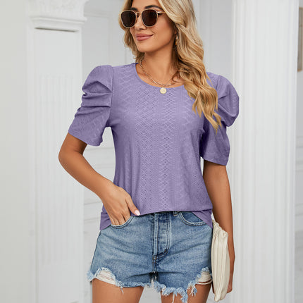 Women's Puff Short Sleeve Loose Crew Neck Eyelet Shirts Tops