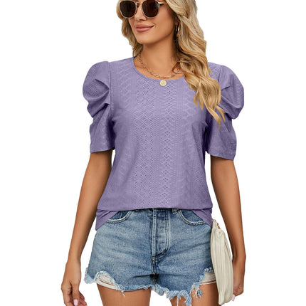 Women's Puff Short Sleeve Loose Crew Neck Eyelet Shirts Tops