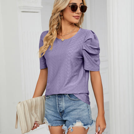 Women's Puff Short Sleeve Loose Crew Neck Eyelet Shirts Tops