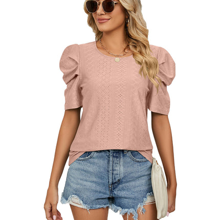 Women's Puff Short Sleeve Loose Crew Neck Eyelet Shirts Tops