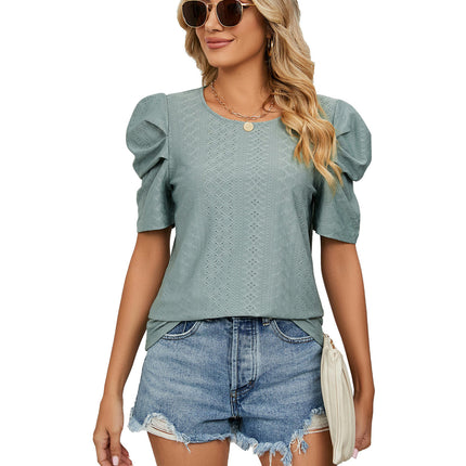 Women's Puff Short Sleeve Loose Crew Neck Eyelet Shirts Tops