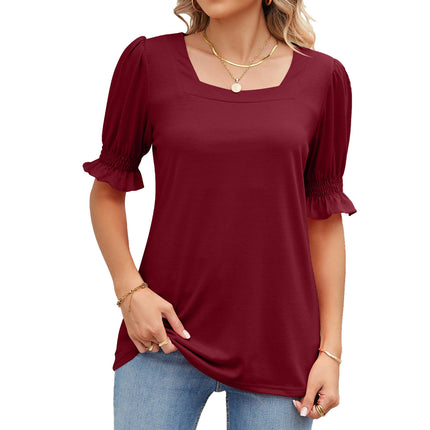 Women's Summer Tops Casual Square Neck Puff Short Sleeve T Shirts