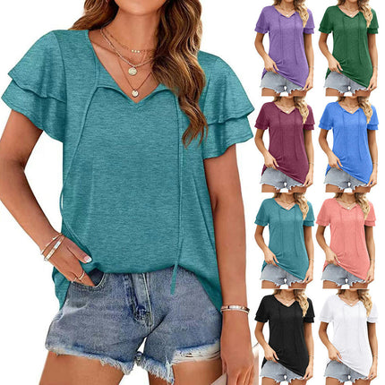 Women Summer Tops V-Neck T-Shirts Casual Puff Short Sleeve Tunic Tops Blouse