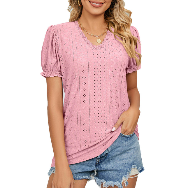 Women's Summer Puff Short Sleeve Lace V Neck T-Shirts Eyelet Casual Tops Tunic Blouses