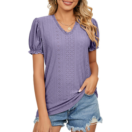 Women's Summer Puff Short Sleeve Lace V Neck T-Shirts Eyelet Casual Tops Tunic Blouses