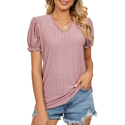 Women's Summer Puff Short Sleeve Lace V Neck T-Shirts Eyelet Casual Tops Tunic Blouses