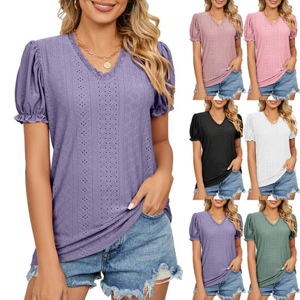 Women's Summer Puff Short Sleeve Lace V Neck T-Shirts Eyelet Casual Tops Tunic Blouses