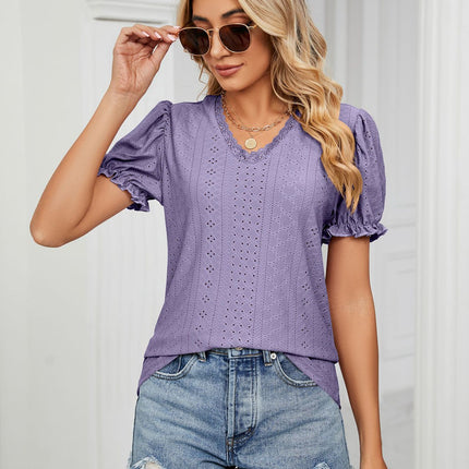 Women's Summer Puff Short Sleeve Lace V Neck T-Shirts Eyelet Casual Tops Tunic Blouses