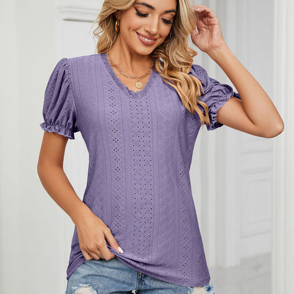 Women's Summer Puff Short Sleeve Lace V Neck T-Shirts Eyelet Casual Tops Tunic Blouses