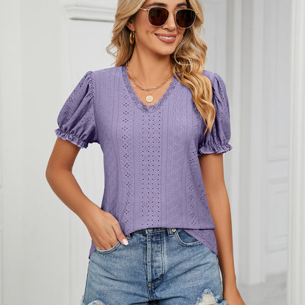 Women's Summer Puff Short Sleeve Lace V Neck T-Shirts Eyelet Casual Tops Tunic Blouses