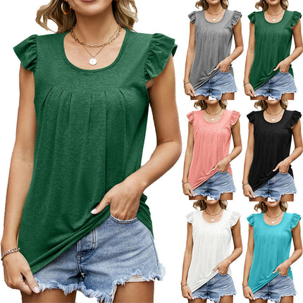 Women Casual Loose Pleated Crewneck T-Shirt Ruffle Cap Sleeve Tank Top