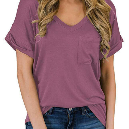 Women's Summer Short Sleeve V Neck T Shirts Pocket Loose Casual Tee Tops